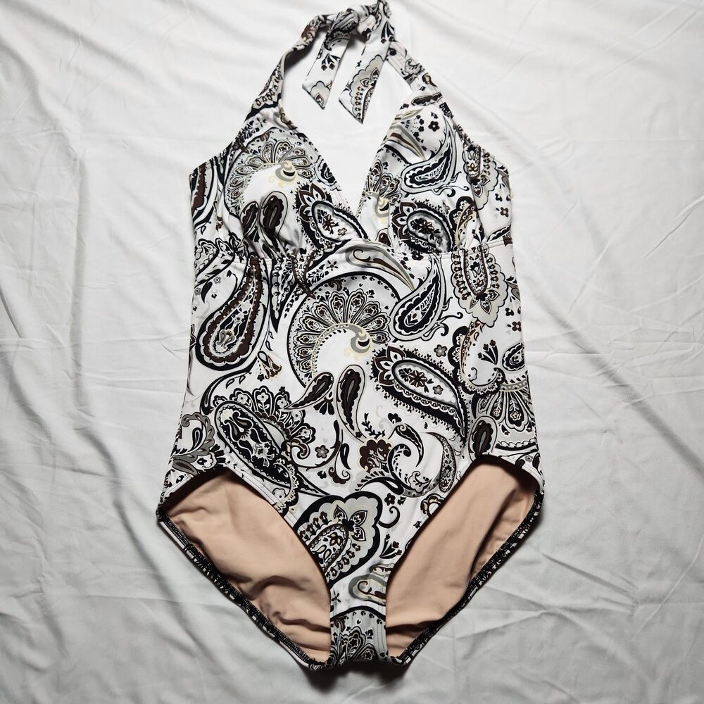 Lands End Women's 14 One Piece Halter Paisley Swimsuit White Black